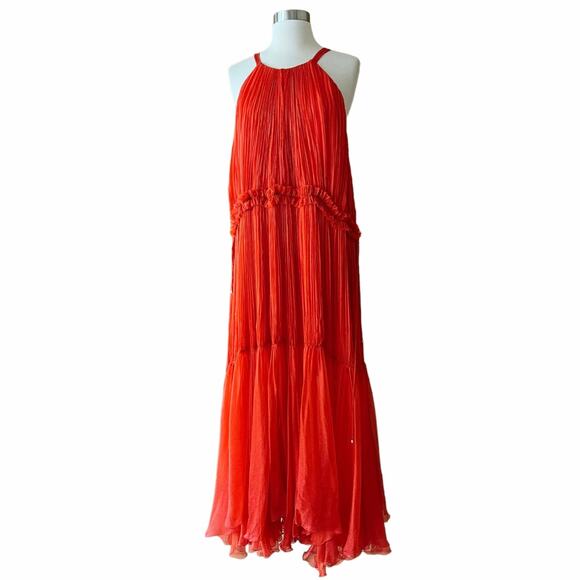 MARIA LUCIA HOHAN Maella Silk Tent Dress Red Chiffon Ruffled Plisse Halter Gown - Picture 12 of 16